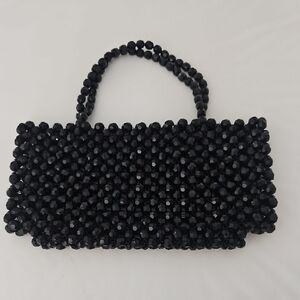 1960's Vintage Top Handle Black Handbag With Faceted Plastic Beads